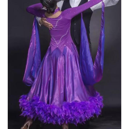 Black red fuchsia royal blue yellow competition feather ballroom dance dresses for women girls waltz tango rhythm foxtrot smooth dancing long gown for female